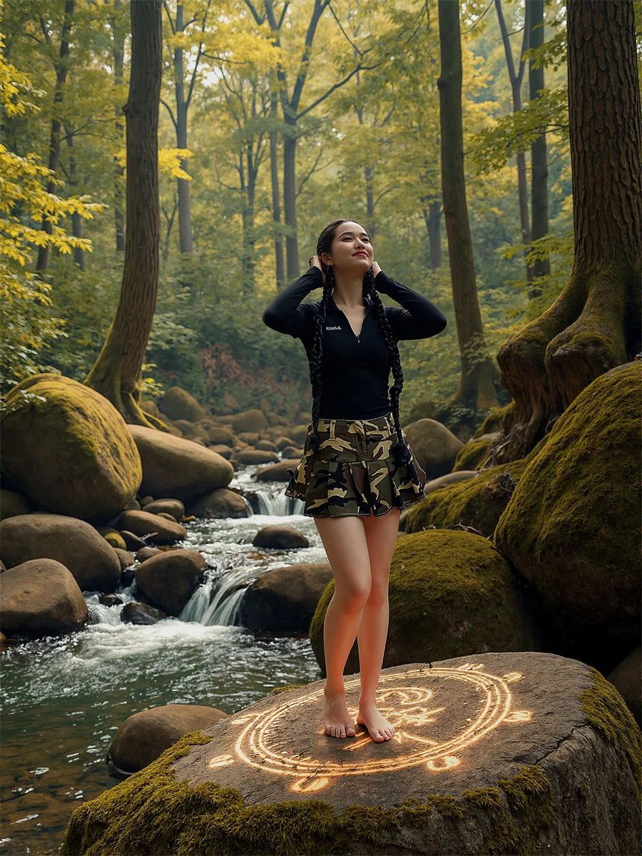 

Mini Camouflage Pleated Skirts Womens Double Layered Ruffle Waist Applique Cake Artistic Chic Modern Elegant Feminina Summer