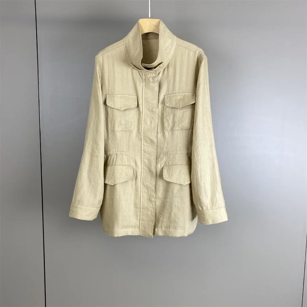 

2026 Spring/Summer New Linen Solid Color Pocket Cardigan Stylish Commuter Casual Jacket For Women