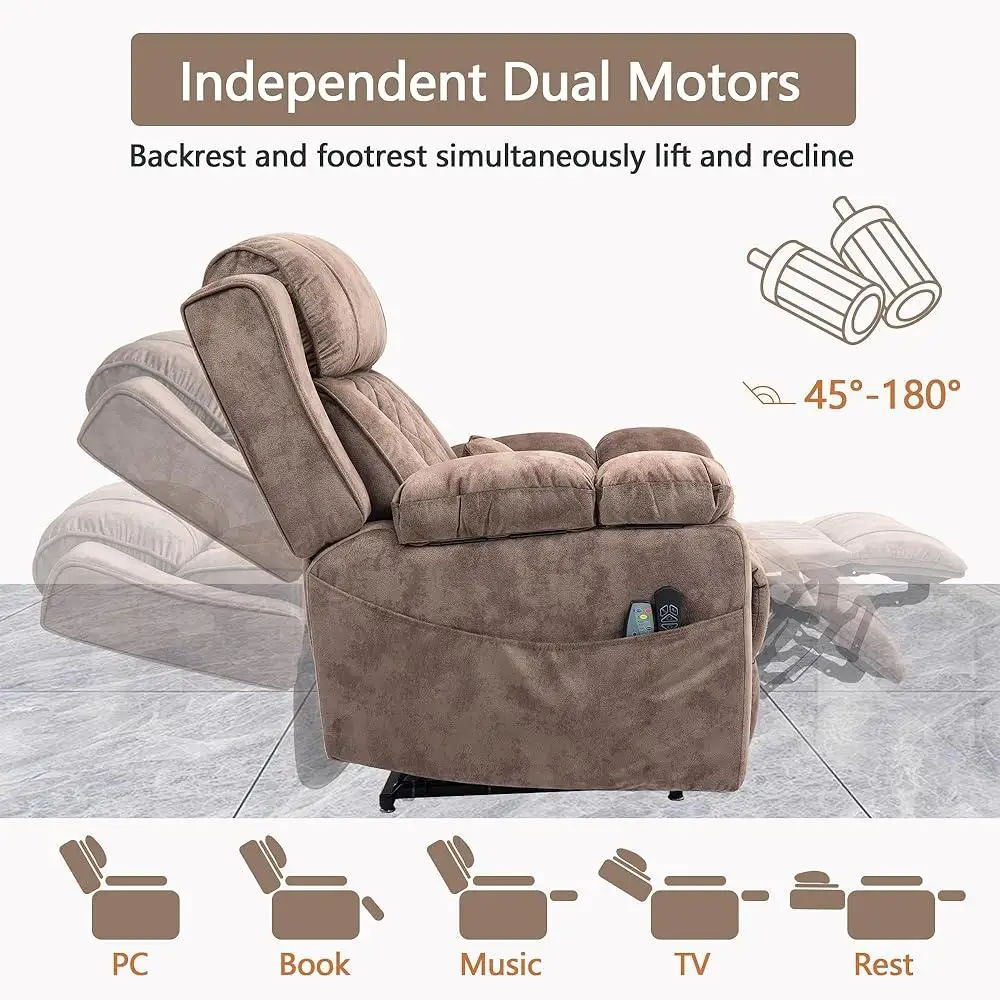 Негабаритное массажное кресло с электрическим подъемником и двойным двигателем с функцией тепла. Комфортная поддержка для пожилых людей.