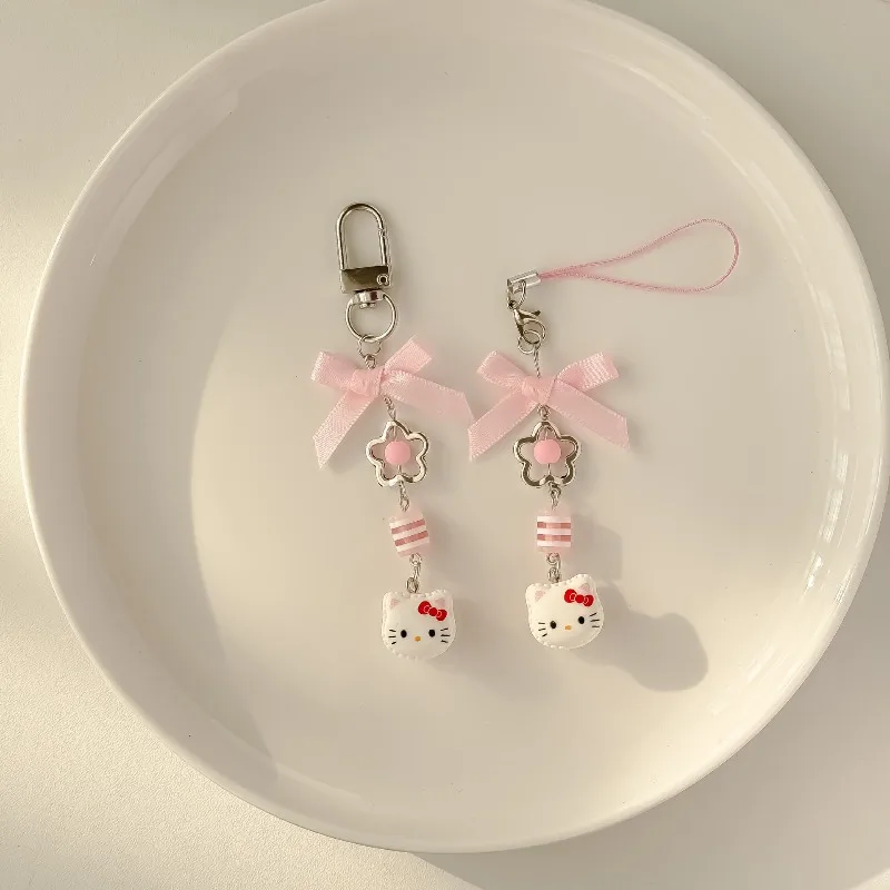 Kawaii hello kitty chaveiro bonito dos desenhos animados arco corrente do telefone móvel viagem feminino suprimentos decoração de mesa presente do estudante atacado