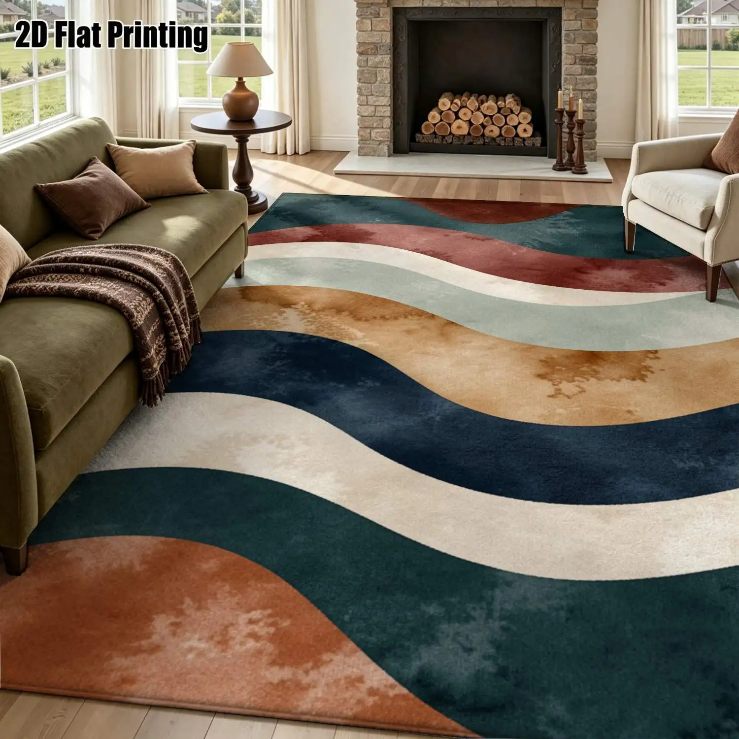 1Pc 2D Printed Retro Blue Brown Geometric Wave Nordic Carpet, Instagram-Style Floor Mat, Modern Minimalist Vintage Geometric Striped Home Decor Rug, Multiple Sizes, Machine Washable, for Entrance, Dining Room, Foyer, Living Room, Bedroom
