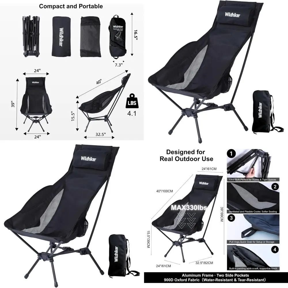 

Compact Folding Camping Chair - Lightweight High Back, Pillow, Deep Recline, Armrests, Pockets for Outdoor Adventures in Black