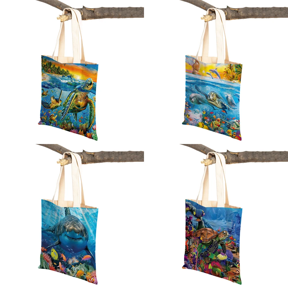 Ocean Landscape Sea Turtle Dolphin Shark Reusable Canvas Student Tote Handbag for Women Lady Foldable Reusable Shopping Bag