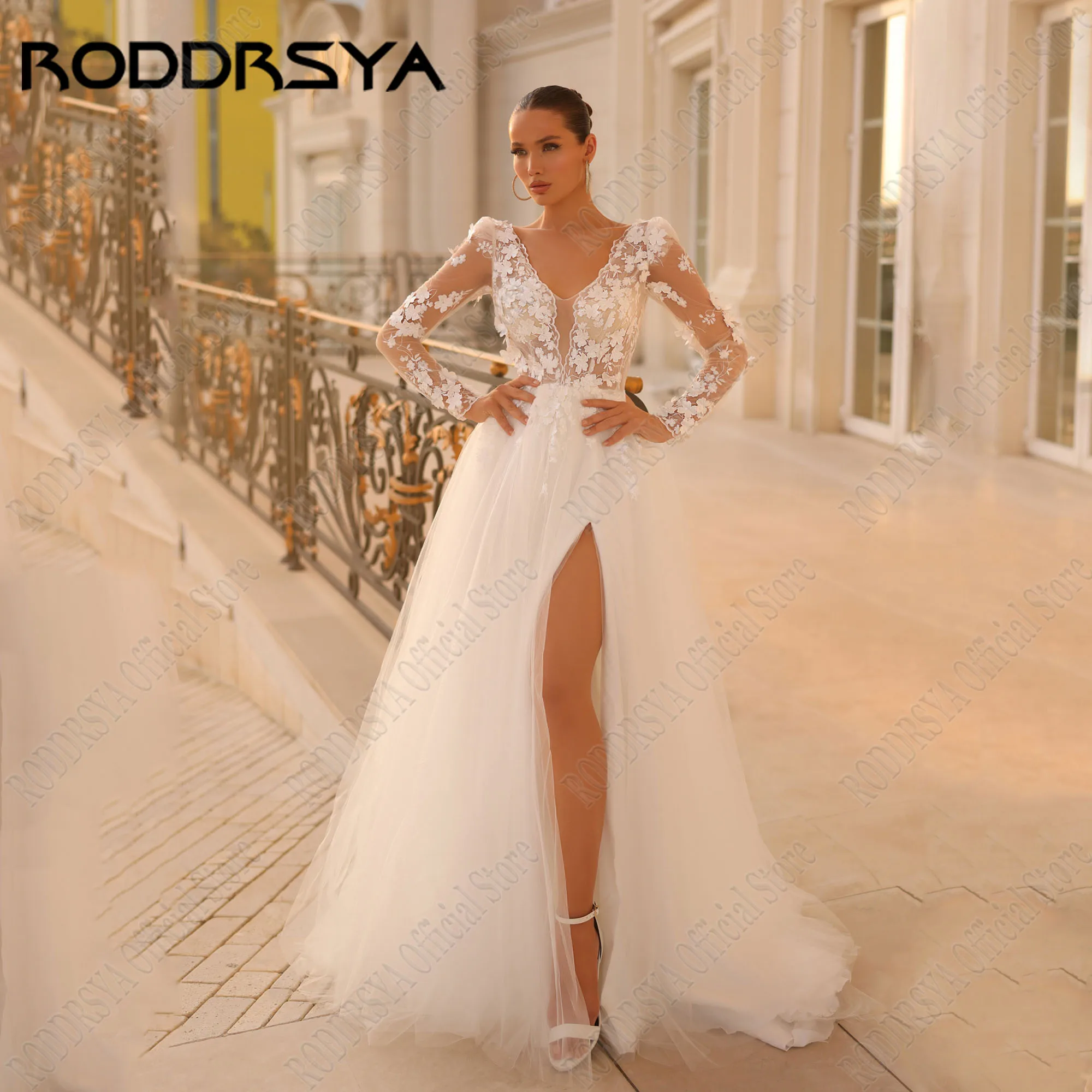 

RODDRSYA Customized Long Sleeve Wedding Dresses V Neck Backless Side Split Lace Bridal Long Boho Bride Dress Robe De Mariee