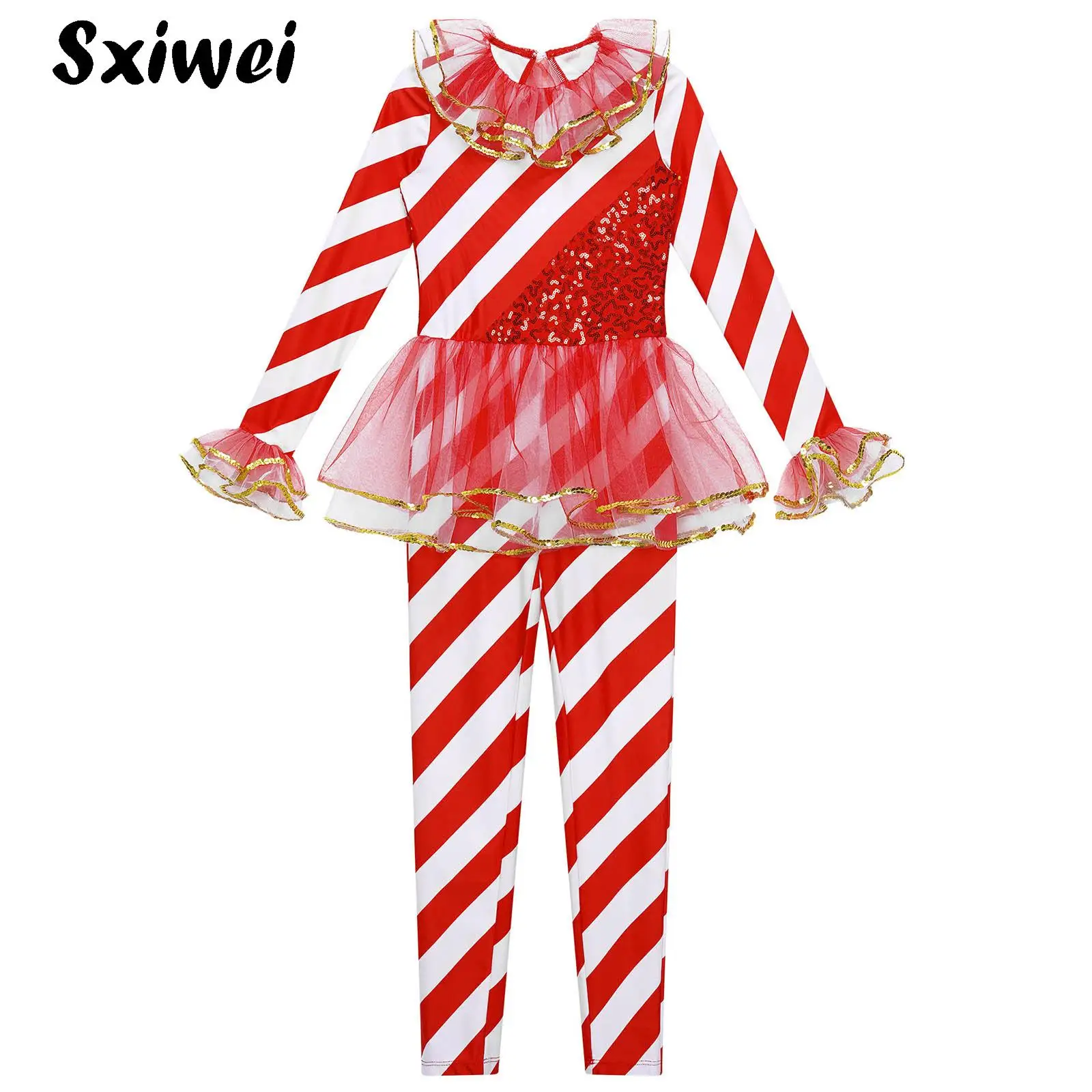 

Kids Girls Candy Cane Striped Jumpsuit Sequins Ballet Tutu Dance Dress Circus Clown Mesh Skirt Costume Gymnastics Leotard Dress
