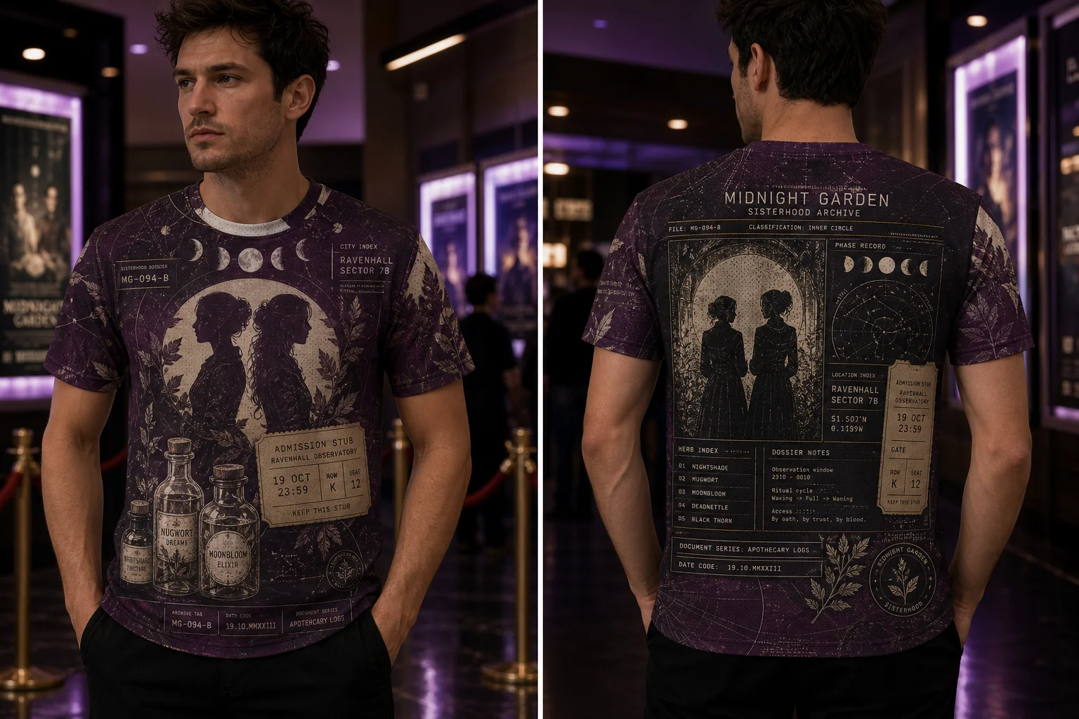 2026 Midnight Garden Archive Witchy T‑Shirt, Vintage Moon Phase Herb Apothecary Full Print Mesh Tee Unisex Goth Short Sleeve Top
