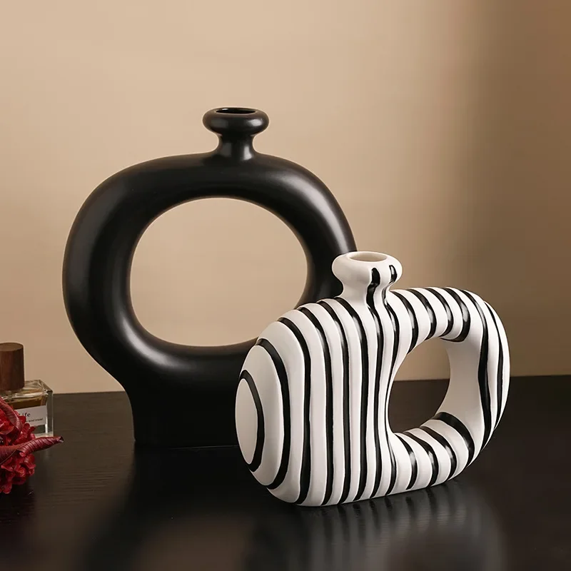 Zebra Stripes Ceramic Vase Artificial Flower Decorative Flowers Pots Desk Decoration Modern Floral Vases Room Aesthetic Decor