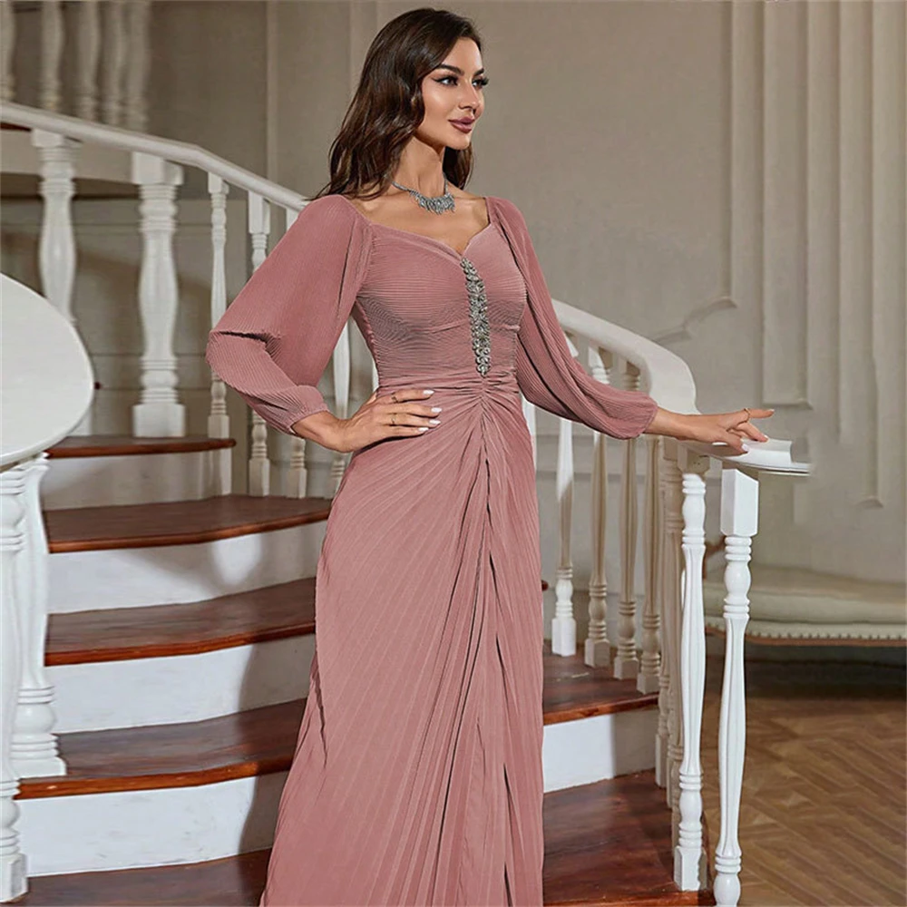 Chiffon rosa Abaya diamante pieghettato moda donna musulmana manica lunga maxi abiti Turchia Eid abito da festa abiti da sera abbigliamento