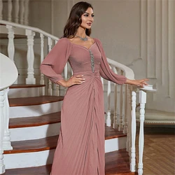 Chiffon rosa Abaya diamante pieghettato moda donna musulmana manica lunga maxi abiti Turchia Eid abito da festa abiti da sera abbigliamento