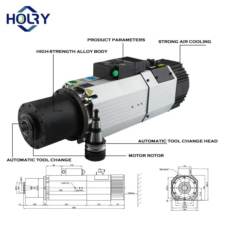 HSK 63 Constant Power High Speed HSK63 3 Phase Air Cooling Fan 9kw ATC Spindle Motors for Lathe Machine