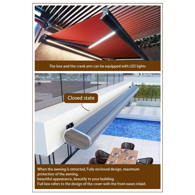 

Motorized Full Cassette Awning with Wind Sensors | Remote Control Retractable Folding Arm Canopy