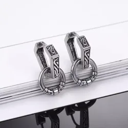 KOFSAC Vintage Thai Silver Geometric Earrings Men Trendy Personality Punk Hip-Hop Sea Wave Texture Earring Creative Male Jewelry