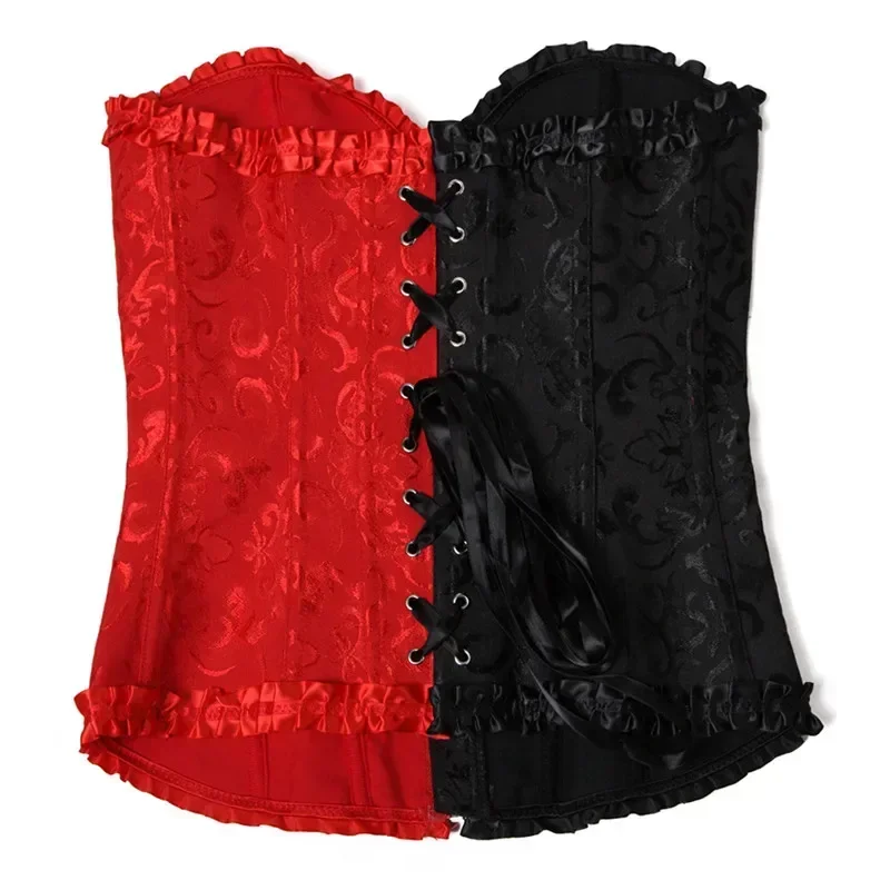 Plus Size Women Corset Top Bustier Overbust Sexy Lace up Zipper Floral Lingerie Vintage Victorian Fashion Black Red