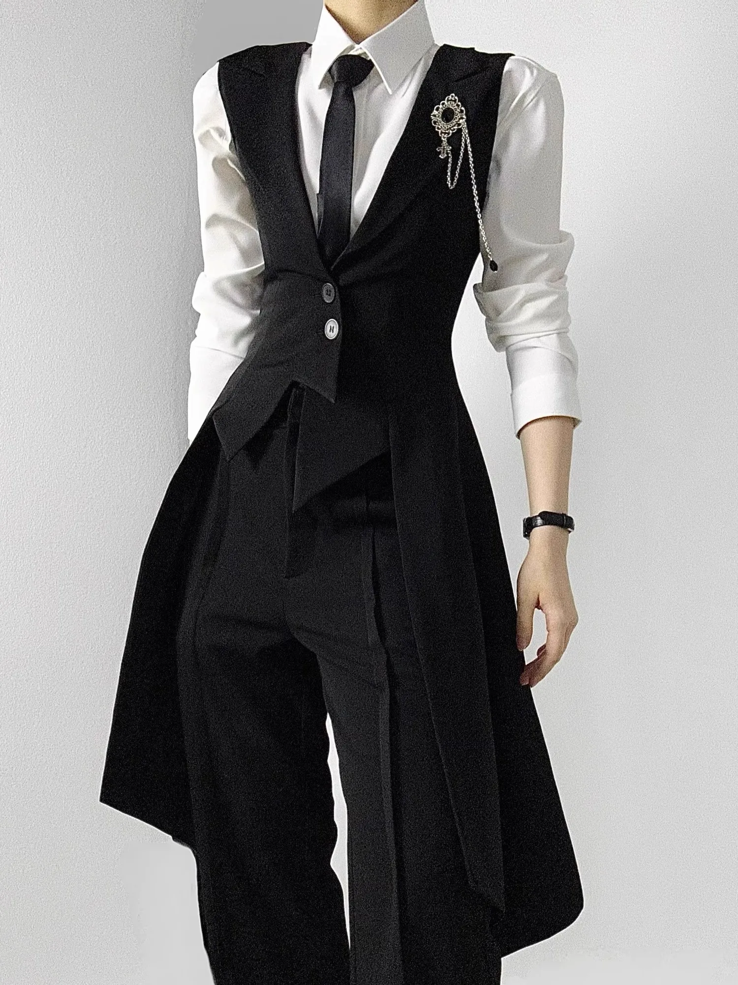 Black Tailored Men's Vest Spring Autumn New Style Slim Fit Waist Cinched Notched Lapel Long Tailed Suit Jacket Uniform
