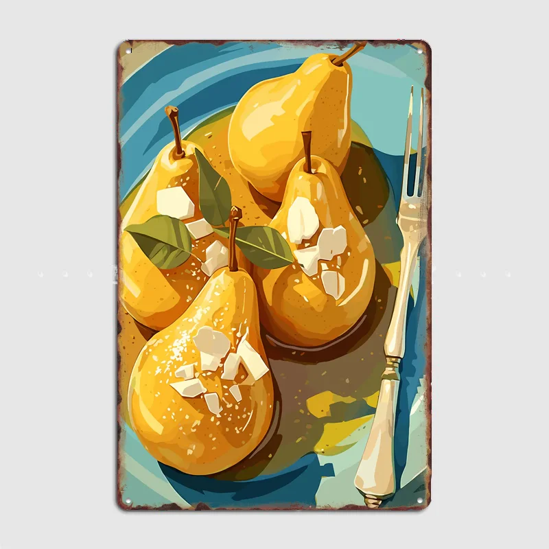 Pears with Almonds on Blue Plate Poster Metal Sign Custom Bedroom Room Decor Home Wall Decor Posters Indoor Wall Decoration