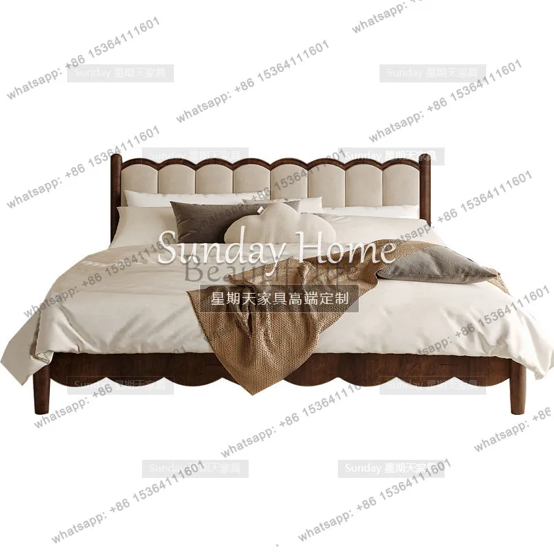 

French Cream Wind Retro Double Bed Modern ins Wind Wave 1.8m Solid Wood Bed