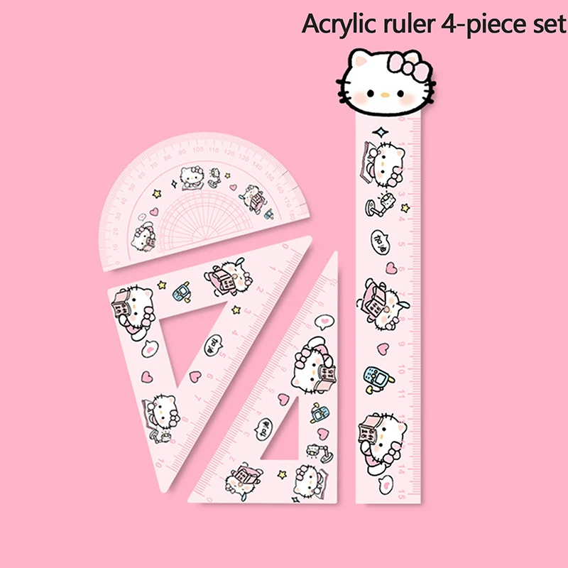 Hello Kitty Simple Creative Sweet And Cute Cartoon Pattern High-value Learning Stationery Plastic Ruler Four-piece Set Wholesale