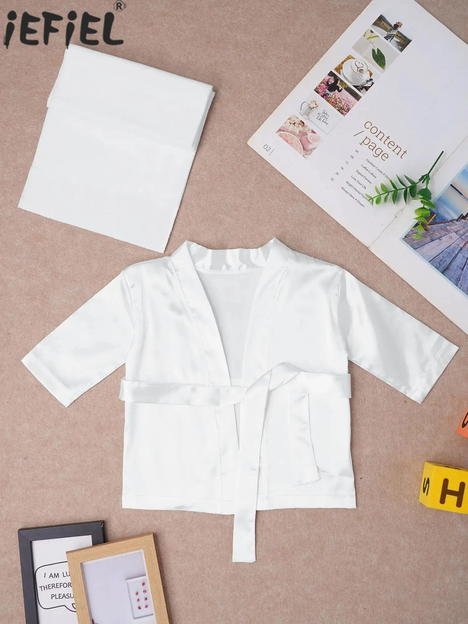 

Newborn Baby Photography Outfit Long Sleeve Open Front Satin Bathrobe with Belt Shower Cap Boys Girls Photoshoot Robe Props