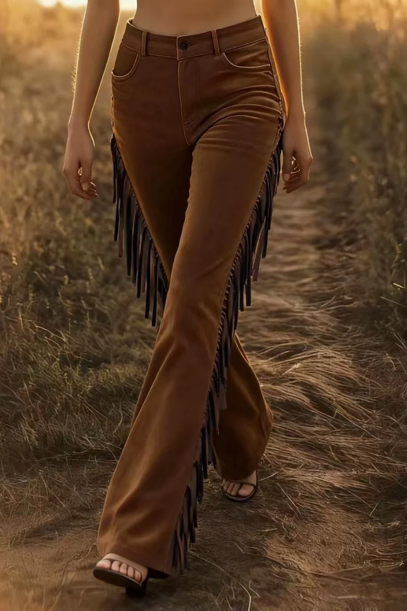 Damskie spodnie dzwony w stylu retro western z frędzlami, idealne do noszenia na co dzień/na imprezy w stylu retro/na rekreację na świeżym powietrzu i na różne okazje