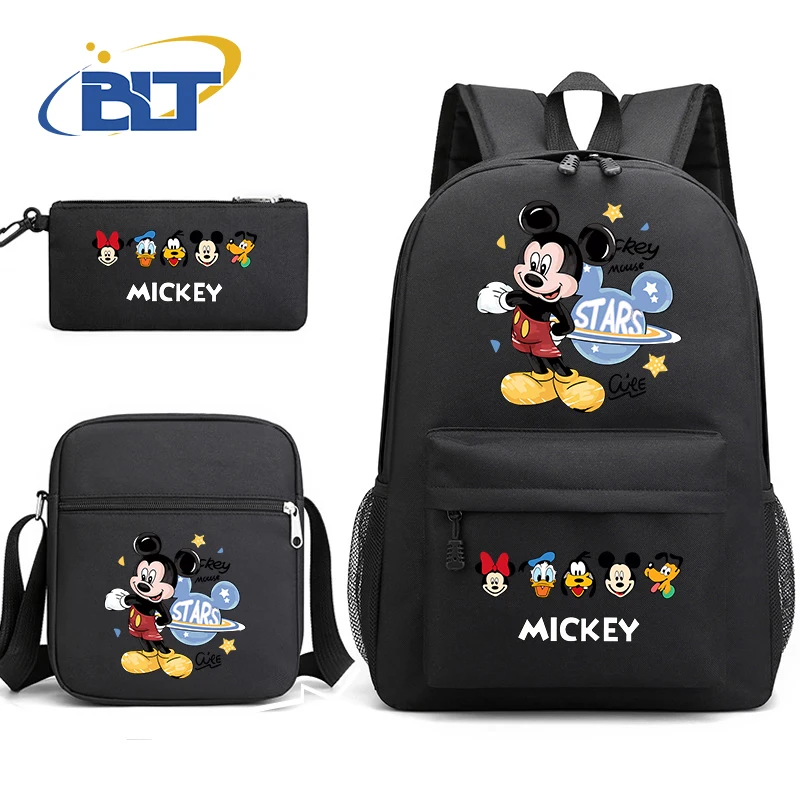 MINISO-Conjunto de mochila escolar para estudiantes con estampado de Mickey Mouse, bolso de hombro para niños, mochila, lápiz, conjunto de 3 piezas