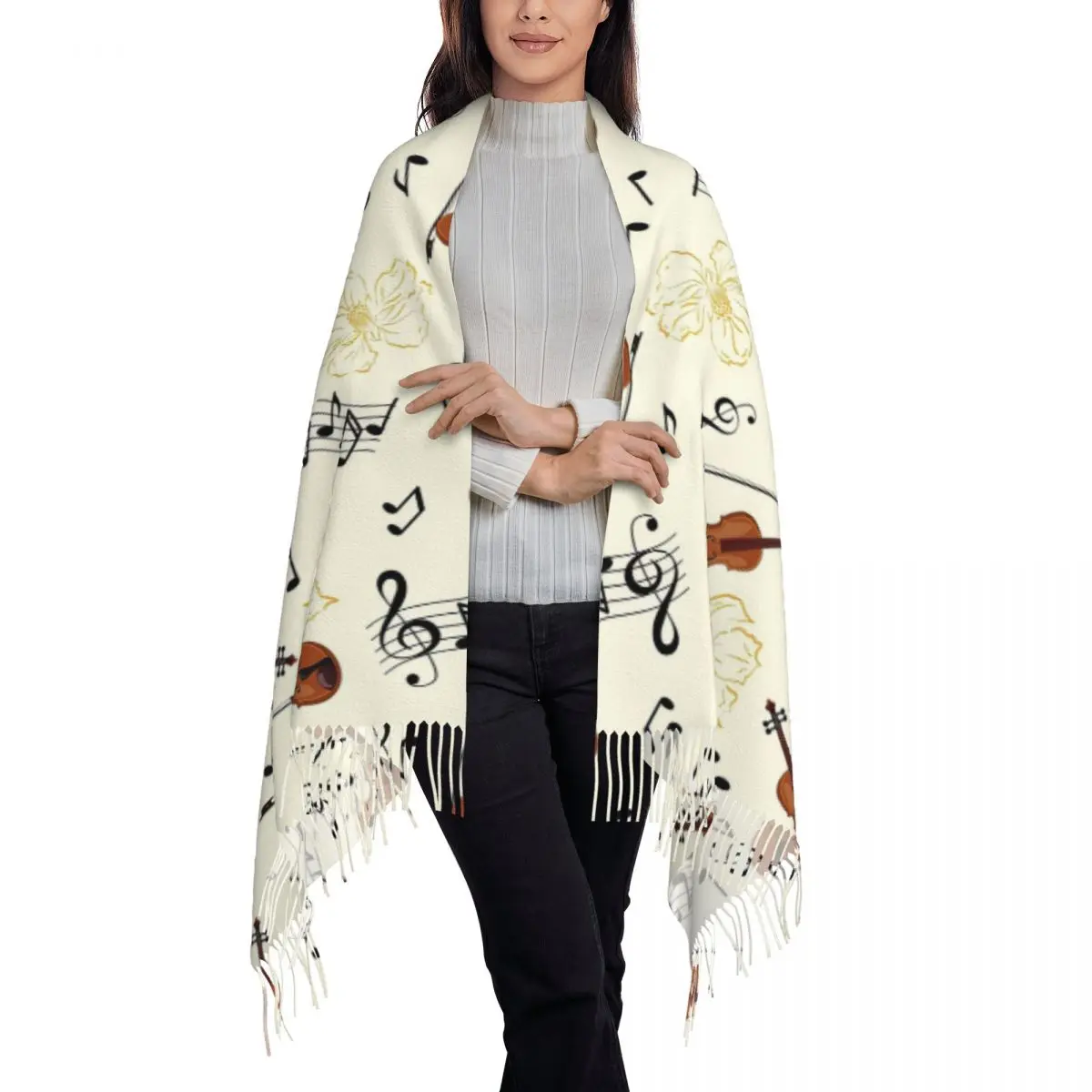 Violin Music Notes Floral Scarf Tassel Scarves for Women Soft Warm Shawls and Wraps Large Fall Winter Shawl Wrap