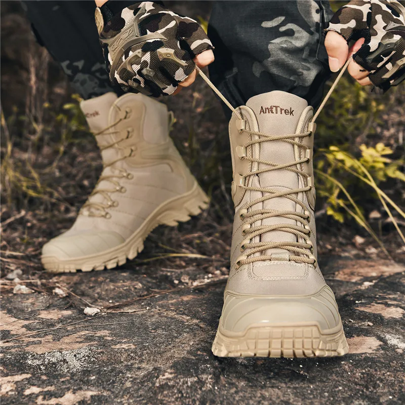 รองเท้าคอมแบทสำหรับผู้ชาย - รองเท้าเดินป่าแบบยุทธวิธีทรงสูง, รองเท้าทหารกันน้ำกันลื่นสำหรับกิจกรรมกลางแจ้ง