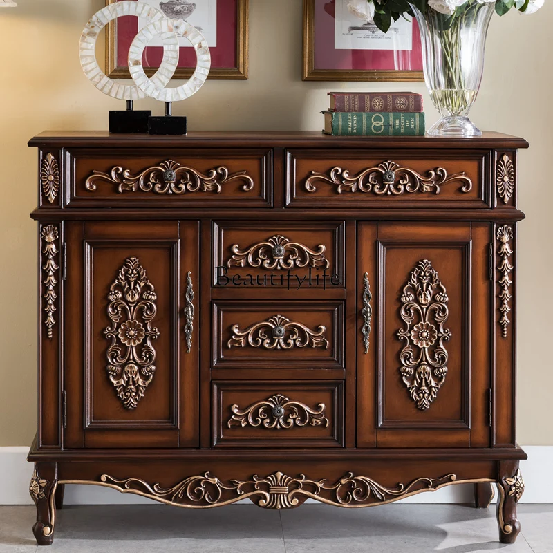 

European side cabinet solid wood retro carved guest restaurant foyer furniture