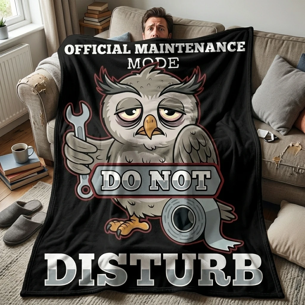 Maintenance Mode Owl Do Not Disturb Flannel Throw Blanket, Funny Sleepy Mechanic Owl Graphic Soft Cozy Lightweight Home Decor