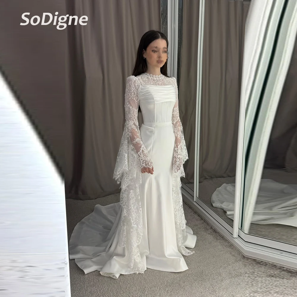 

SoDigne Satin/Lace Mermaid Wedding Dress Full Sleeves O-neck 2025 Bride Dresses Long Bridal Gowns vestidos de novia Customized