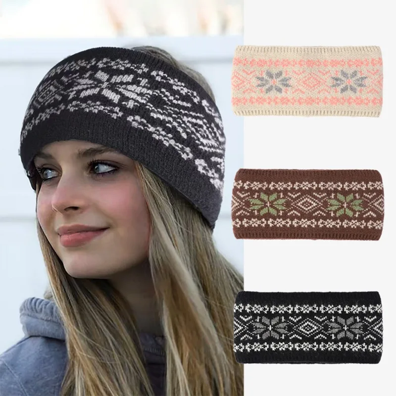 

New knitted headband, retro jacquard temperament, cold-proof headgear, black wide-edge fashion wool headscarf.