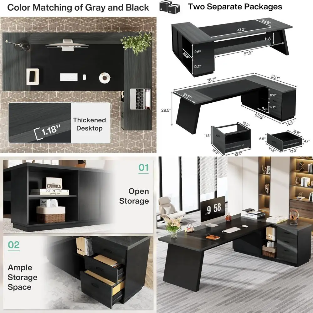 

Офисный стол L-образной формы 78 Grey & Black с ящиками, боковым шкафом для документов и полками для хранения для бизнеса или домашнего офиса