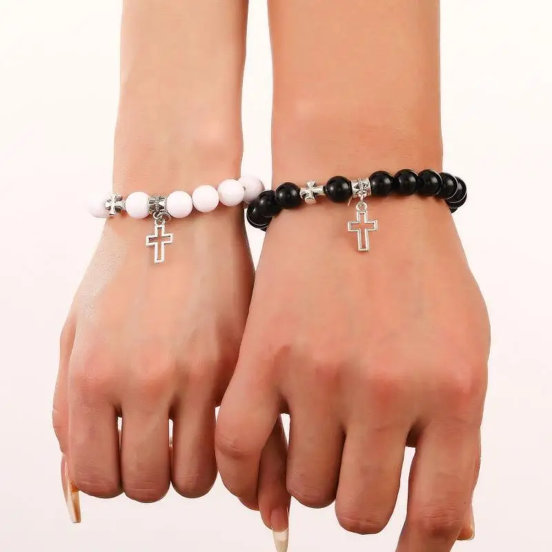 2Pcs/Set Pink Crystal Beads Bracelet Couple Lovers Natural Stone Cross Bracelets for Women Men Fashion Wedding Jewelry Gift