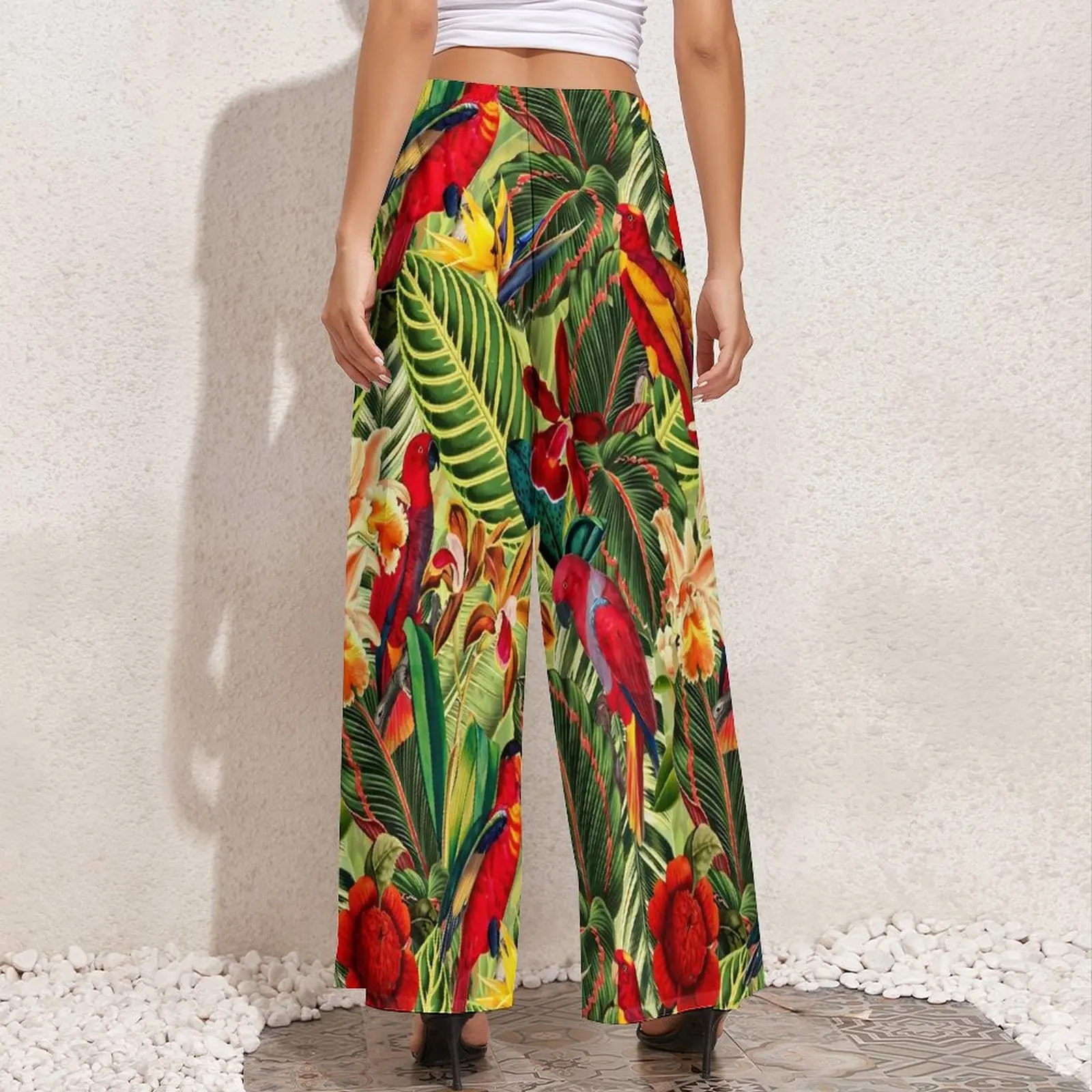 Pantalones de flores y pájaros tropicales para mujer, ropa de calle con estampado de hojas, cintura elástica, pierna ancha informal, regalo