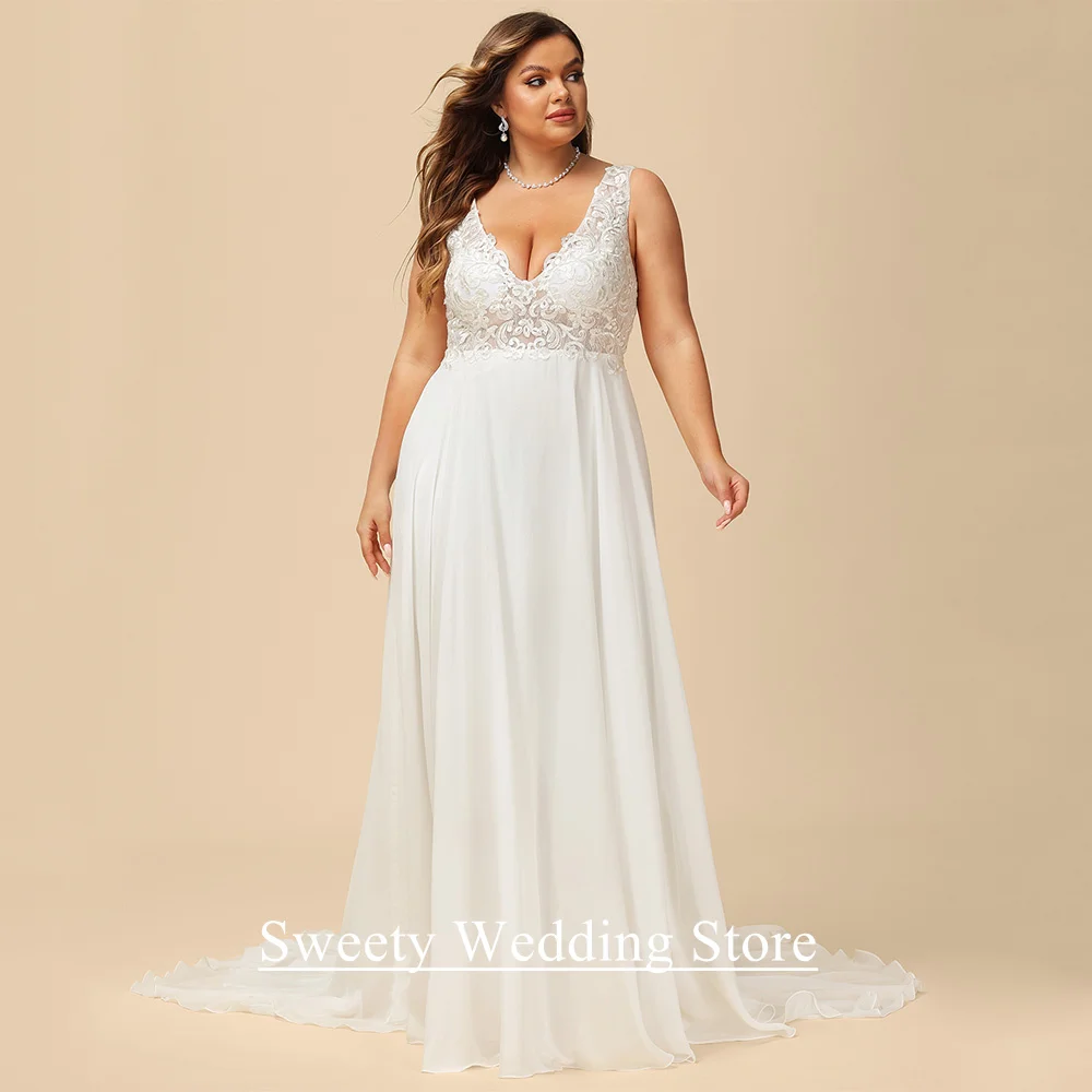 

Pregnant Bride Wedding Dress Plus Size Customized Sleeveless Deep V Neck Lace Applique See Through Chiffon Beach Bridal Gown