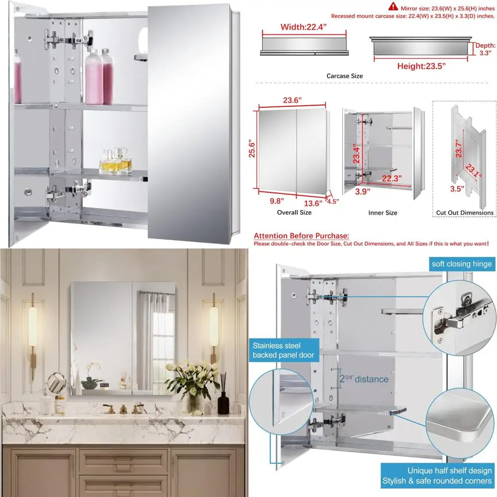 

Stainless Steel Medicine Cabinet for Bathroom, Mirrored Door Cabinet, Surface and Recessed Mounting Options, 23.6 x 25.6, Featur