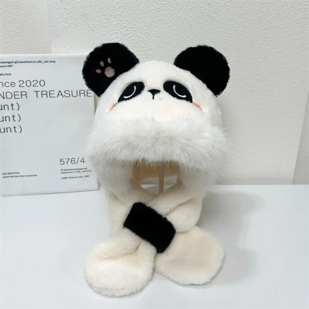 Fashion Warm Scarf Integrated Hat Solid Color Thickened Panda Hat Large Head Circumference Splicing Warm White Neck Hoodie Women