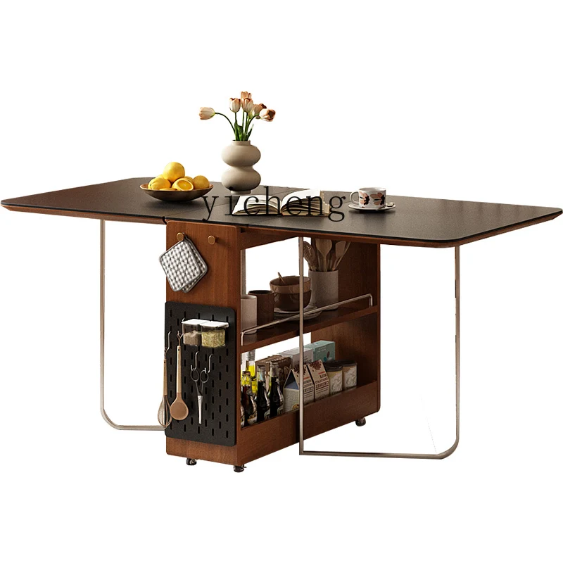 

TQH retro rock slab folding dining table small mobile eating table antique storage retractable dining table