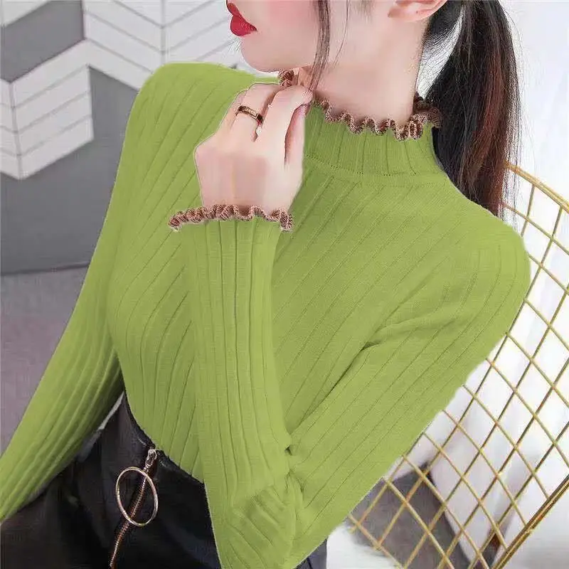 Fashion Turtleneck Knitted Spliced Ruffles Sweater Women\'s Clothing 2022 Autumn New Casual Pullovers Loose Sweet Tops