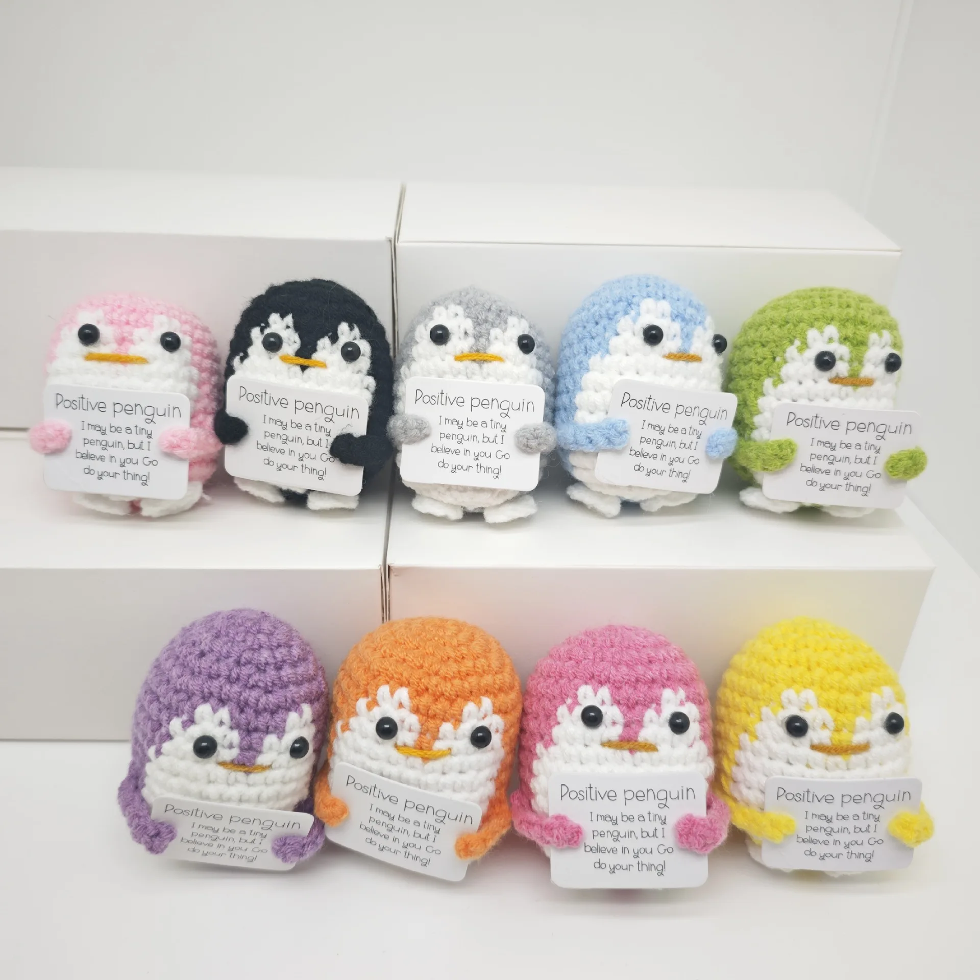 Funny Knitted Positive Energy Penguin Dolls with Card Handmade Crochet Duck Desk Ornament Christmas Gifts Home Room Decoration