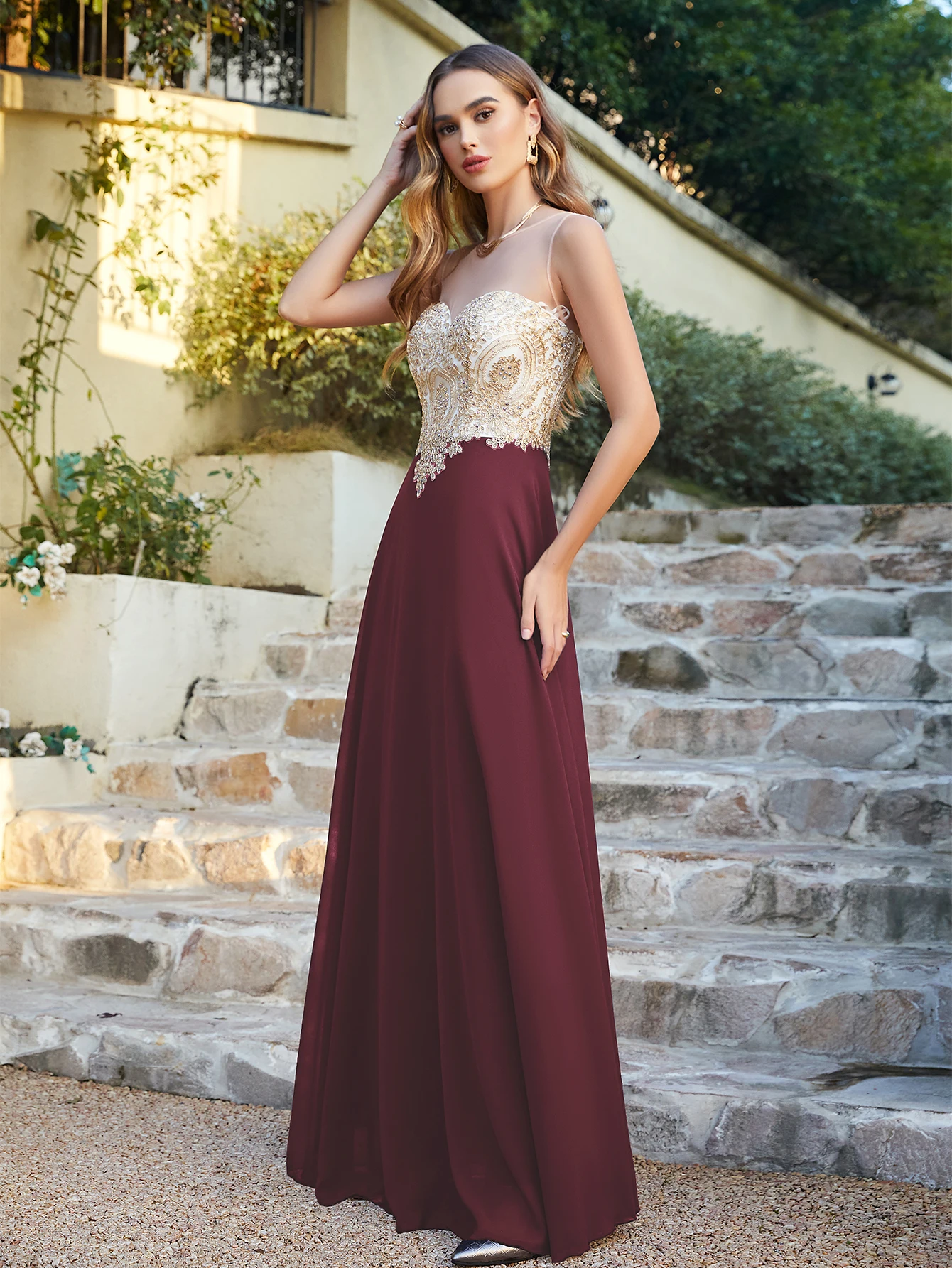 Women Evening Dresses Illusion Sweetheart Backless Zipper Gold Appqulies A Line Wedding Guest Bridesmaid Long Formal Gown