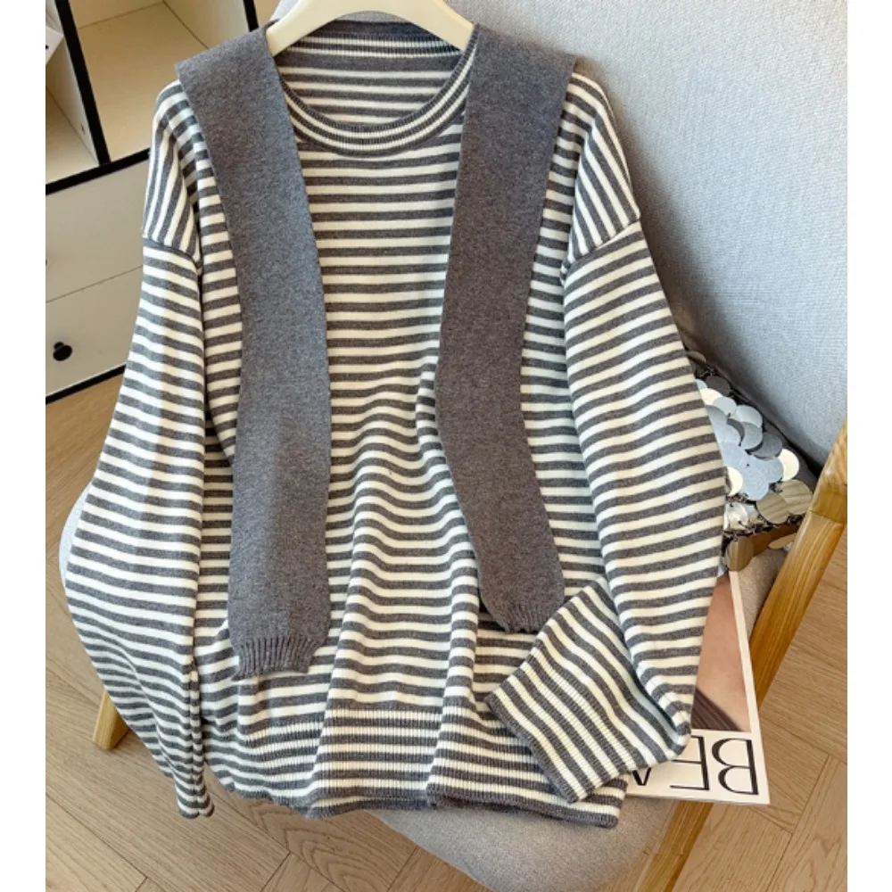 

Women Basics striped loose Knit Long Sleeves Elegant Chic T-shirts French Autumn Winter Plus Size Clothing