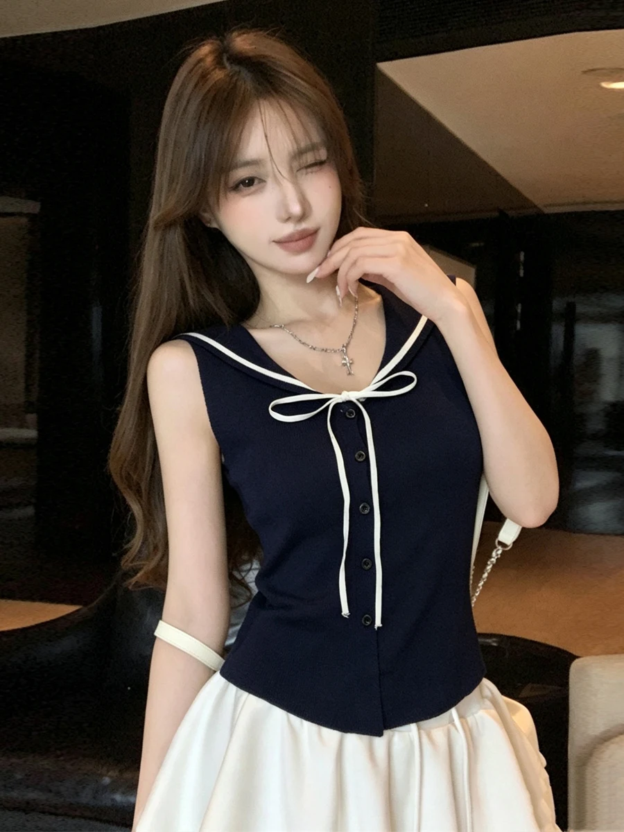 Fashionable Navy V-neck Sleeveless High-waist Pleated Skirt Two-piece Set with Bowtie Top And Cake-style Design for Women