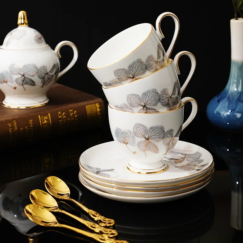 Bone porcelain coffee set, coffee cup and plate, golden magnolia, Chinese afternoon tea, tea set, household set