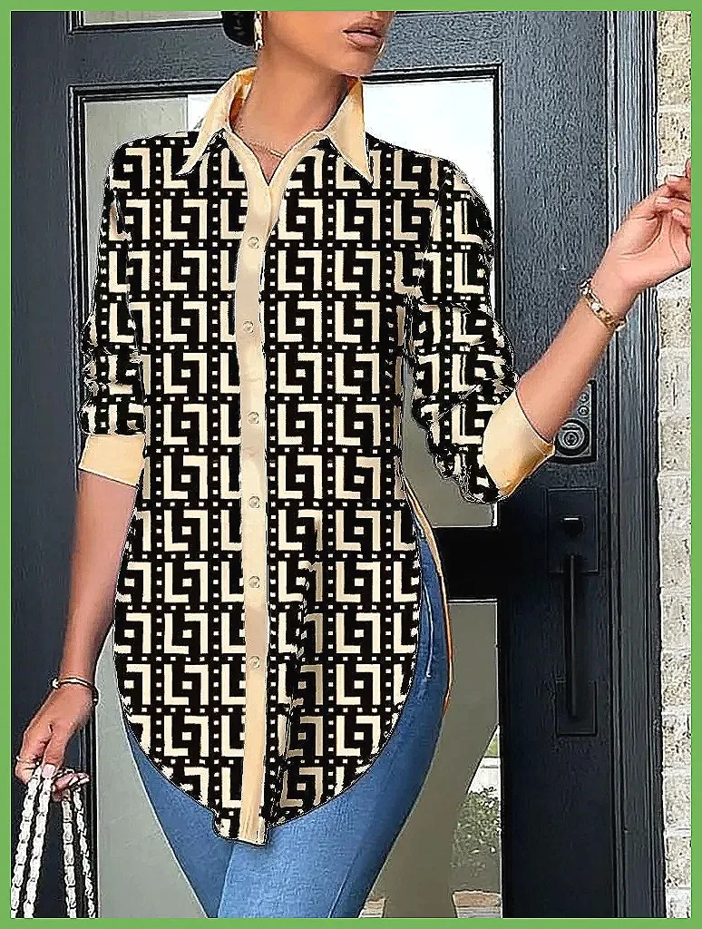 

Women's 2025 Printed Back Neck Long Sleeve Top, Elegant Casual Shirt for Office, Spring & Autumn Fashion