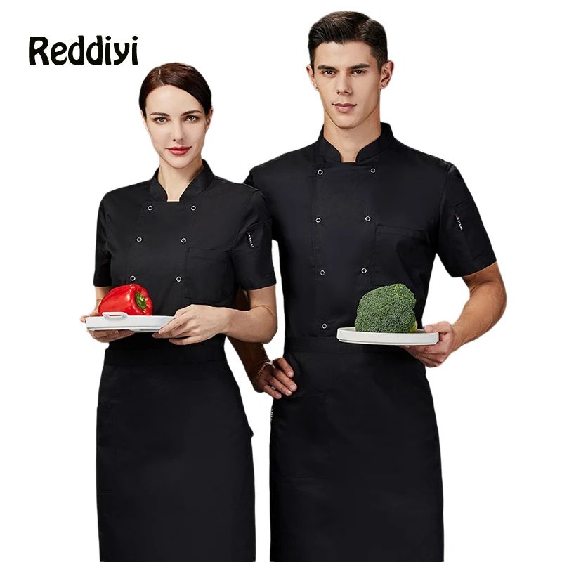 

Black Chef Coat Short-Sleeved Restaurant Kitchen Jacket Catering Work Uniform Apron Set Wholesale Hotel Cooking Clothes