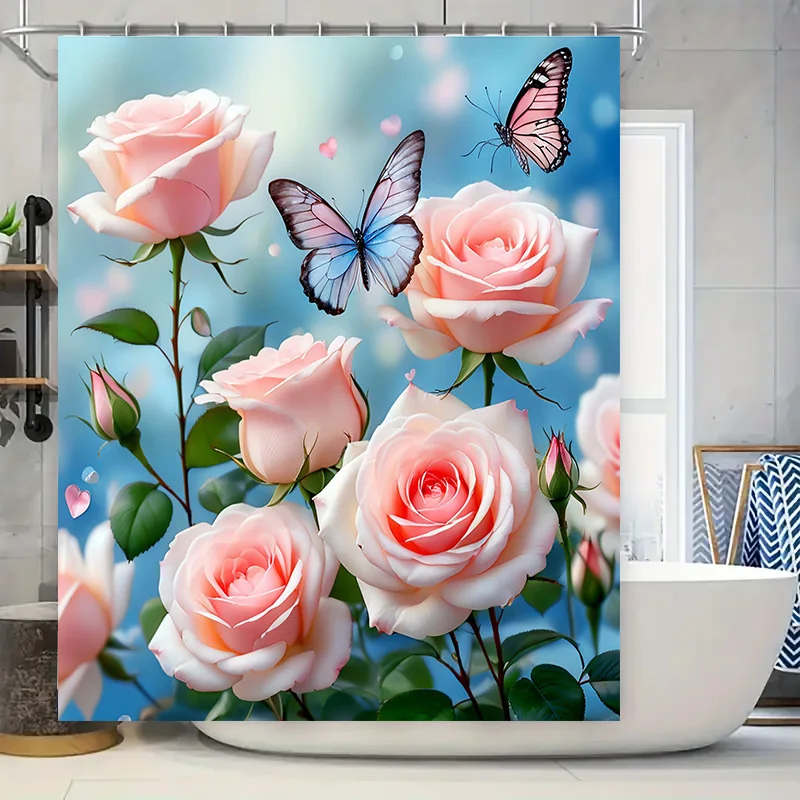 

Коврик для ванной с розовой розой, декоративная занавеска для душа с принтом бабочки для аксессуаров для ванной комнаты, идеально подходящая для свадебных подарков или уютного дома U