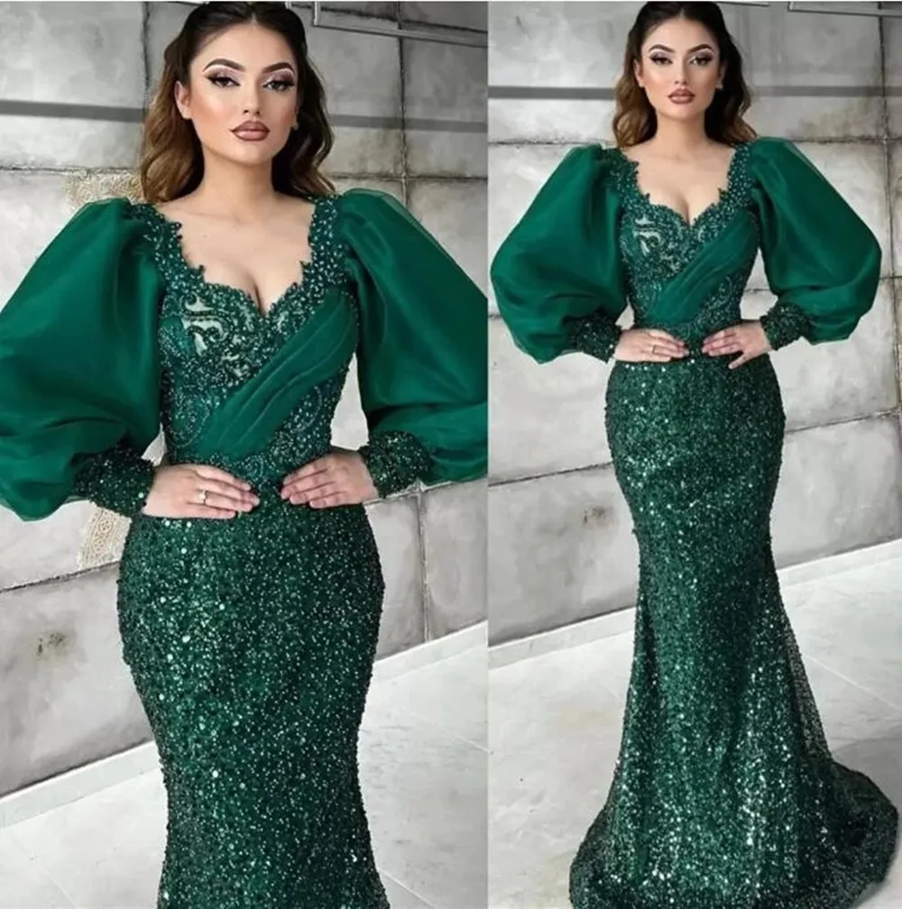 Designer Emerald Green Evening Dresses Beads Long Puffy Sleeves Mermaid Arabic Aso Ebi Formal Women Night Party Gowns 2023