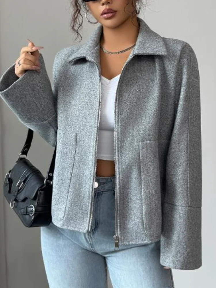 

Осенняя повседневная свободная и простая темпераментная высококачественная короткая куртка, женская однотонная свободная куртка с лацканами и молнией спереди