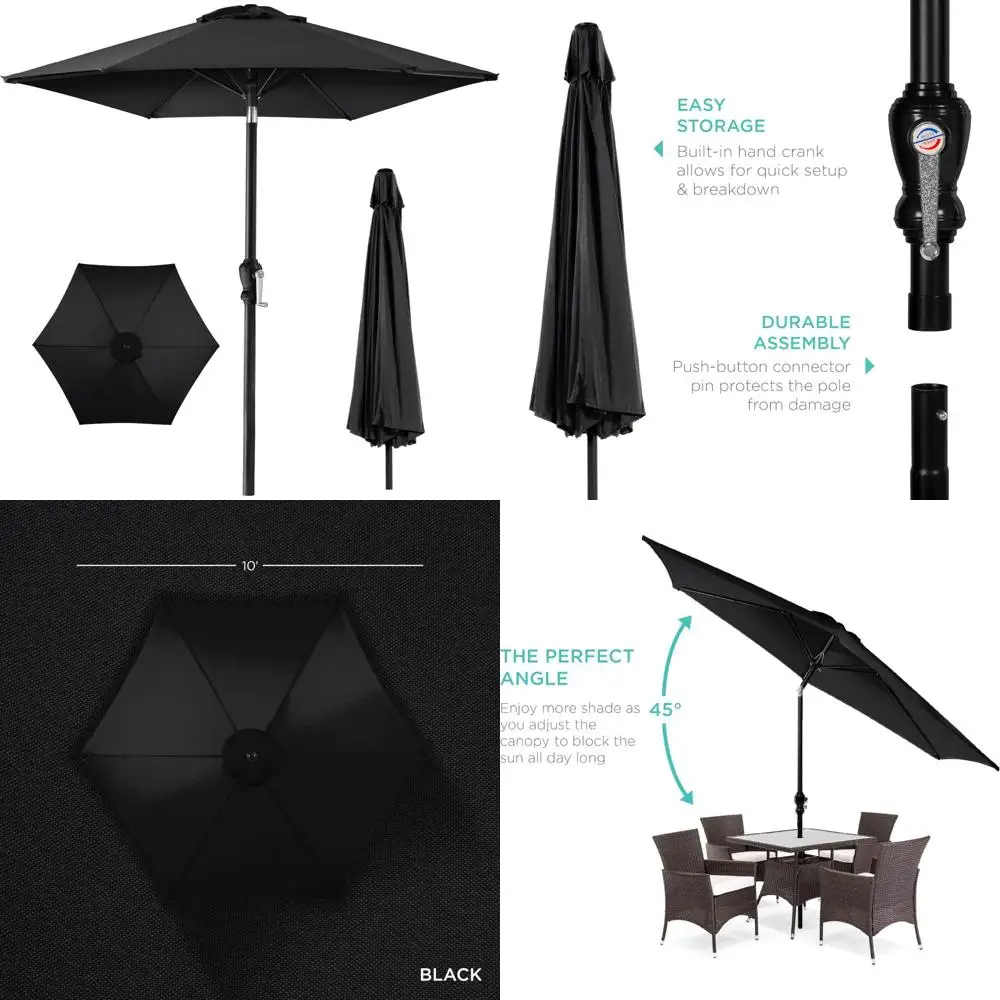 

Черный зонт для патио на открытом воздухе, 10-футовый стальной каркас с полиэстеровым навесом, кривошипным подъемником, функцией наклона, возможность крепления на столе, легко толкается, но