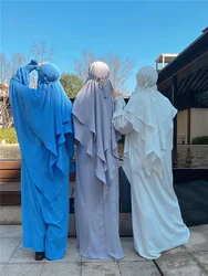 Khimar Abaya Sets Crinkled Fabric Smocked Cuff Dress Two Layer Hijab Scarf Prayer Clothes Islam Jilbabs for Women Ramadan wy1958